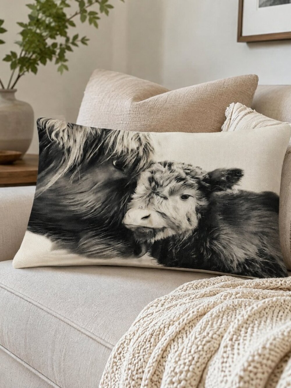 Highland Cow Throw Pillow Cover Black White Farmhouse 20x11"